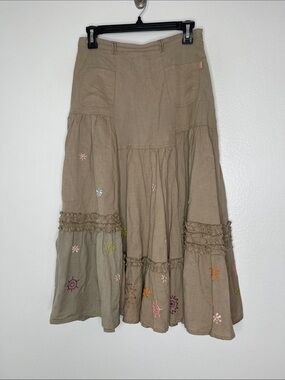 Oilily Tan Cotton Linen Blend Embroidered Ruffle Full Midi Skirt Size 38 US 6